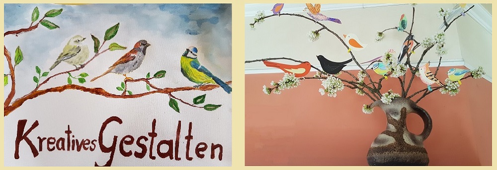  Papiervögel und Plakat Kreatives Gestalten